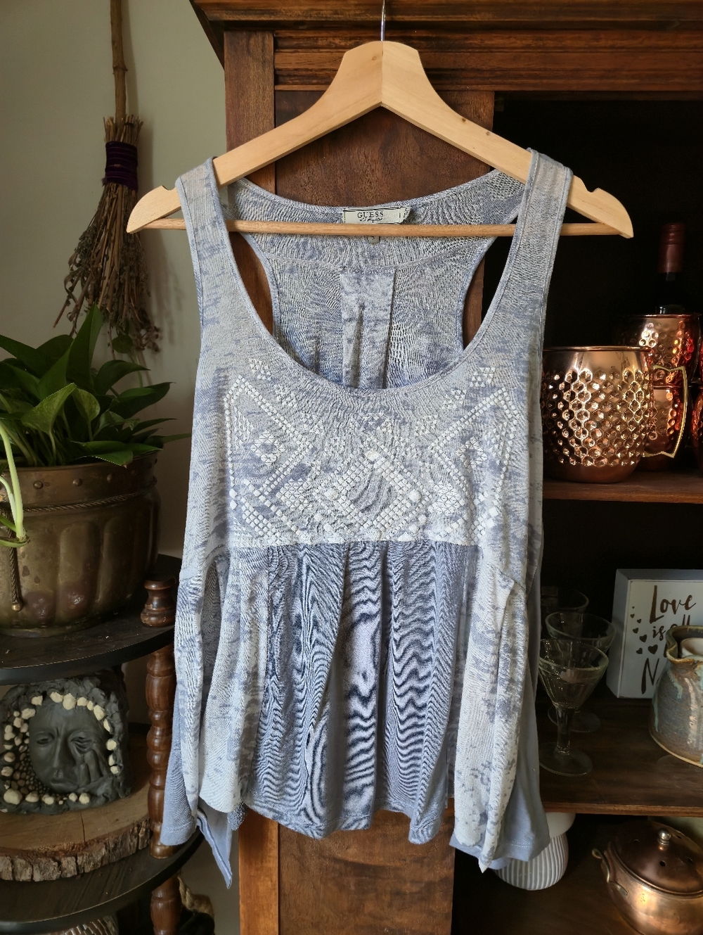 UPCYCLED Grey Oversized Womens Boho Sleeveless Tank Top w Lace Back Detail, s/m